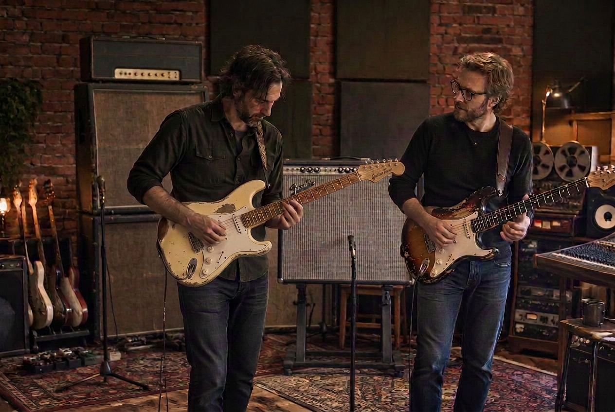 To guitarister med slidte Stratocaster-guitarer øver i et vintage studie med store forstærkere, mursten og akustikplader